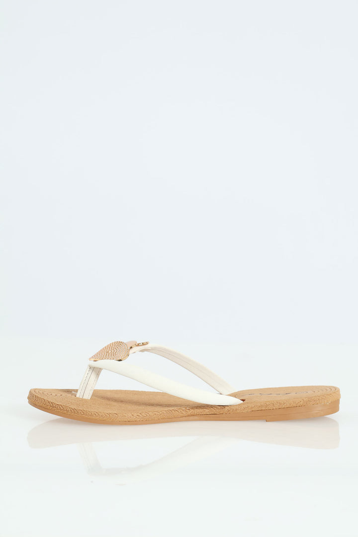 Metal Circle Trim Thong Sandal - White