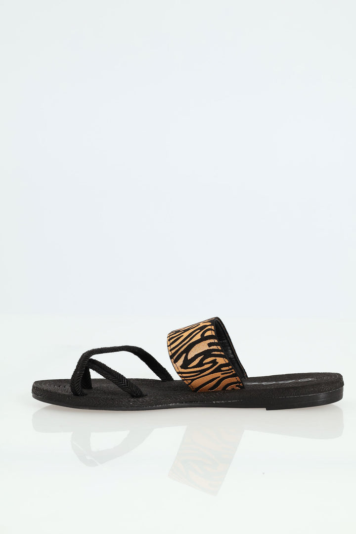 Cross Strap Toe Post Mule Sandal - Black/Cream