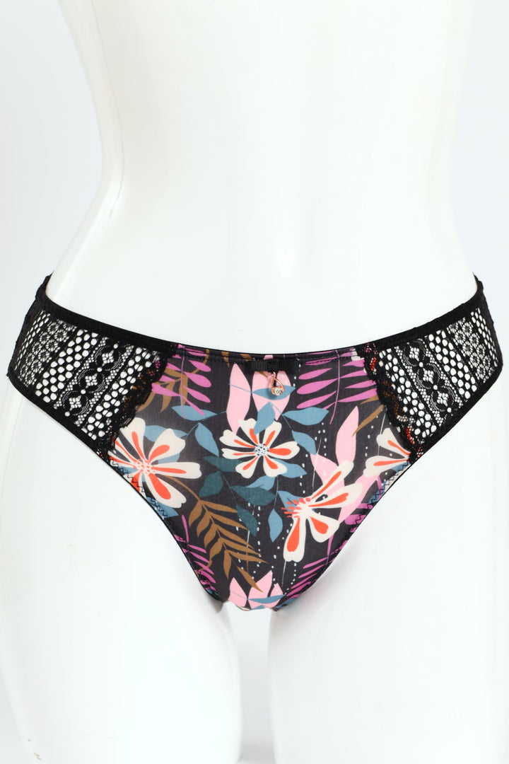 Floral Printed Microfibre & Lace Combo  Bikini Panties - Black