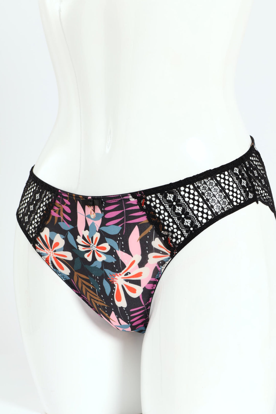 Floral Printed Microfibre & Lace Combo  Bikini Panties - Black