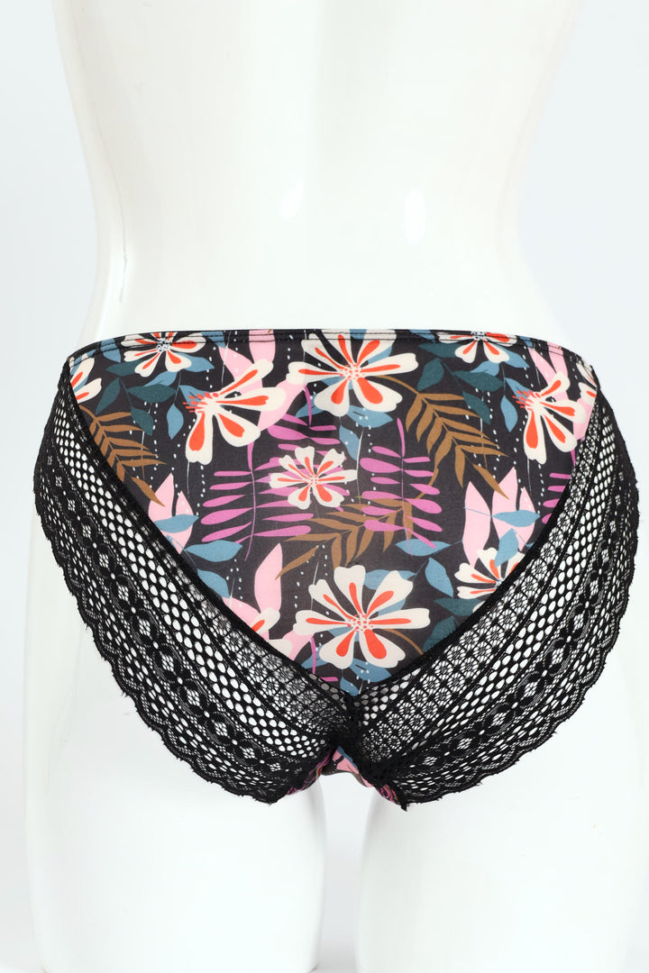 Floral Printed Microfibre & Lace Combo  Bikini Panties - Black