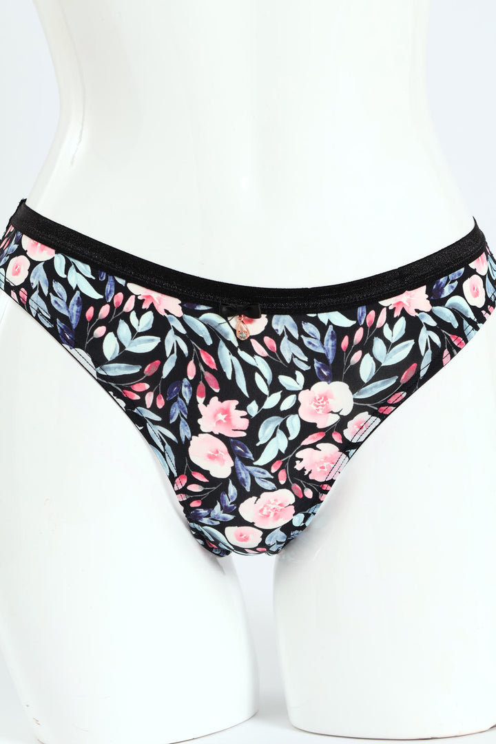 Floral Printed Microfibre & Lace Combo Brazilian Panties - Grey