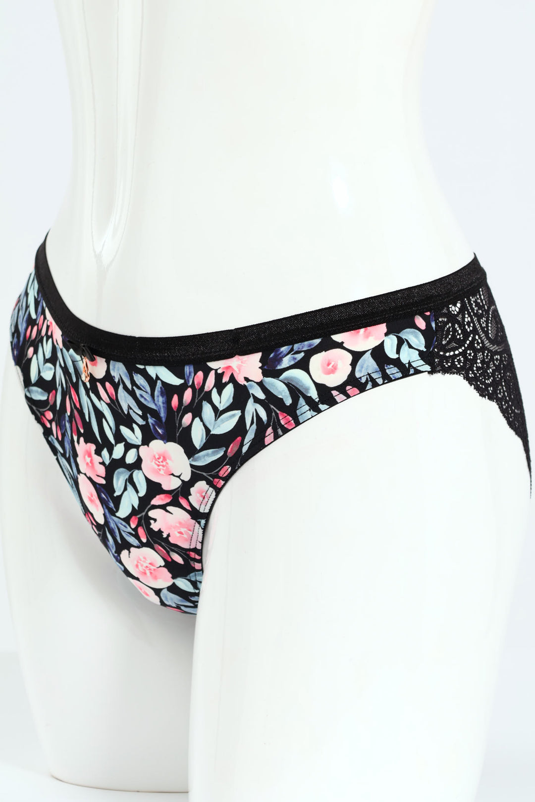 Floral Printed Microfibre & Lace Combo Brazilian Panties - Grey