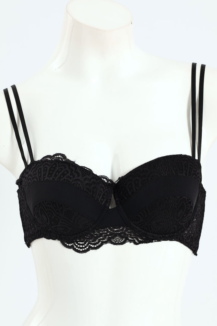 Microfibre & Lace Combo Panel Balconette Bra - Black