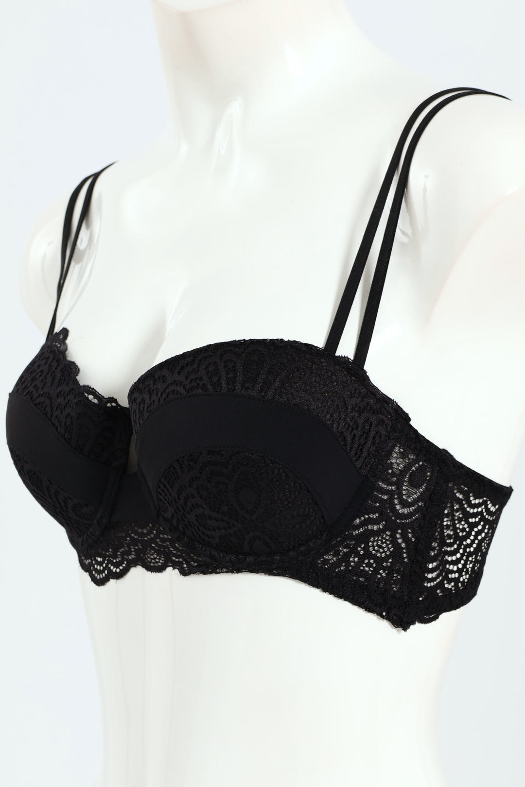 Microfibre & Lace Combo Panel Balconette Bra - Black