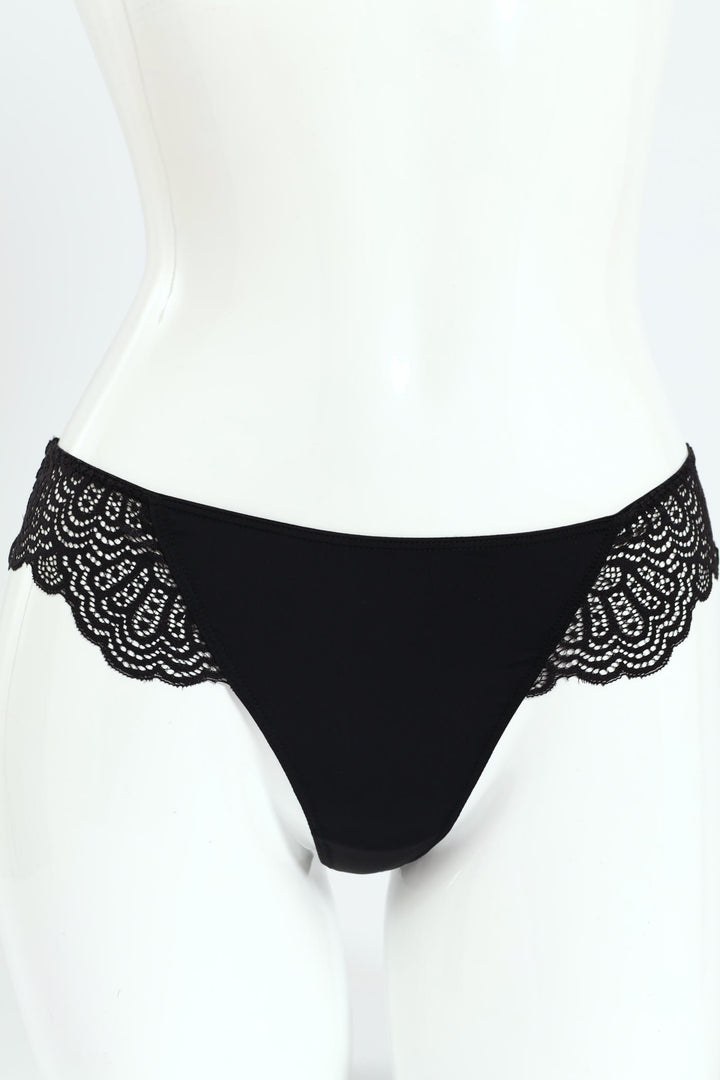 Microfibre & Lace Combo Thong Panty - Black