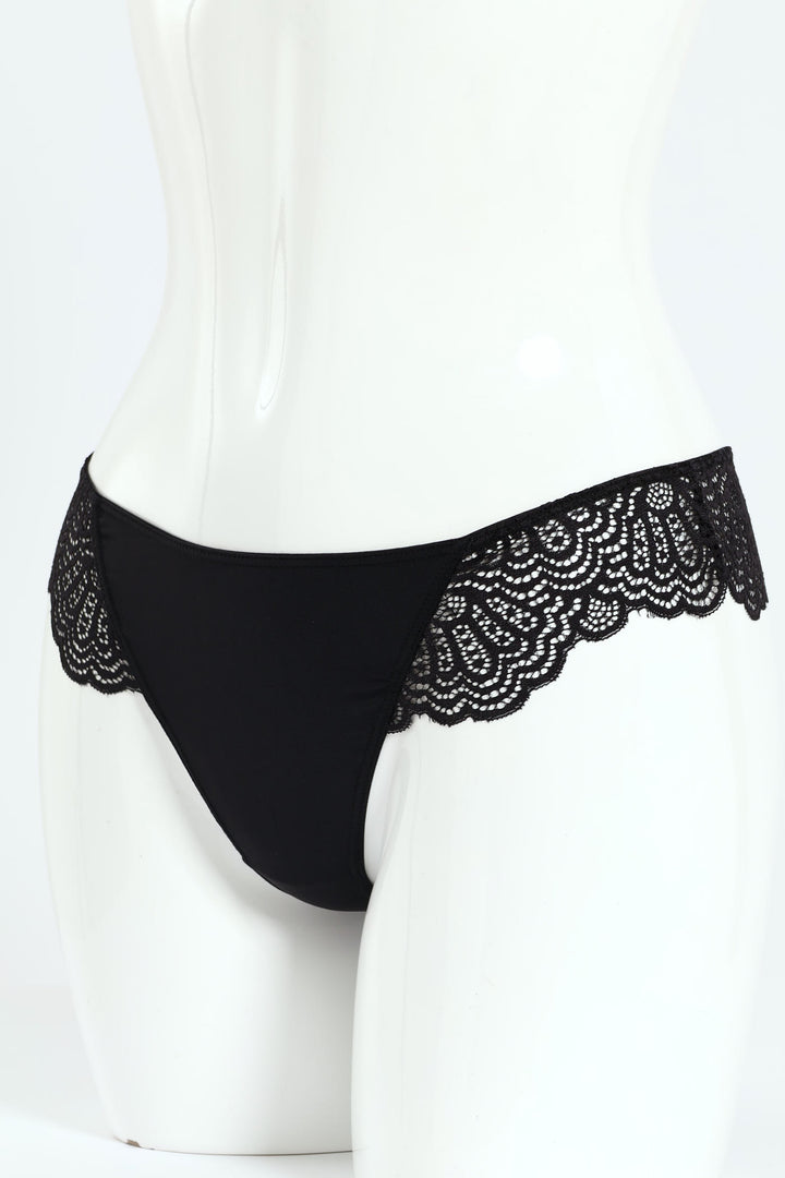 Microfibre & Lace Combo Thong Panty - Black