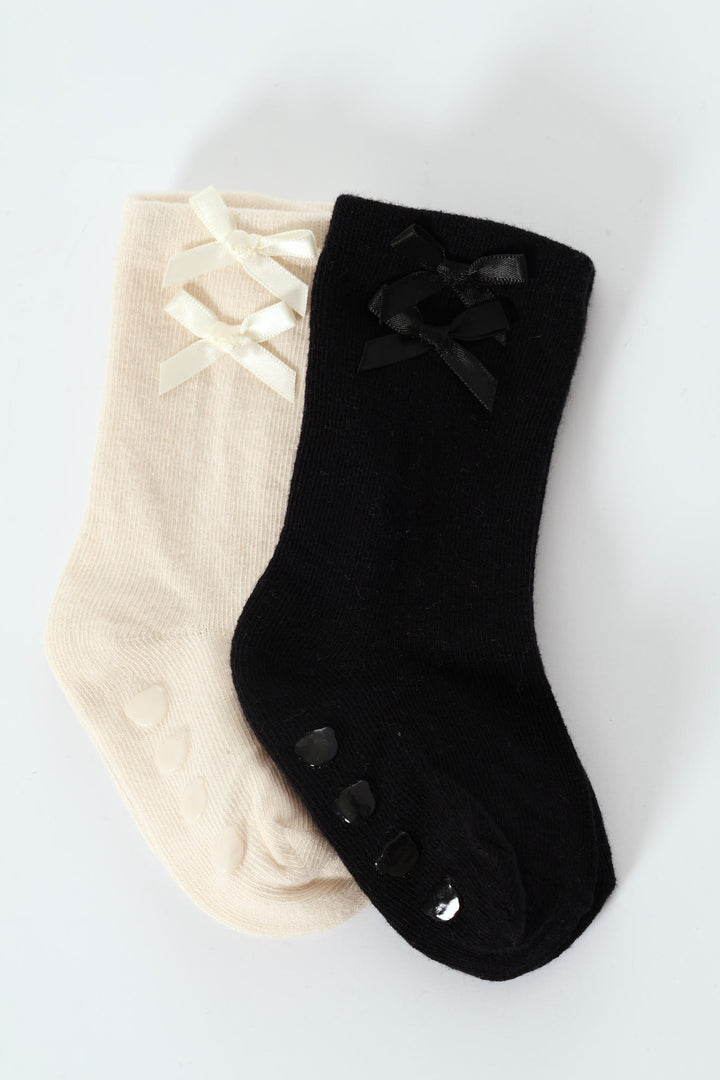 Baby Girls 2 Pack Ruffled Knee High Bow Socks - Black