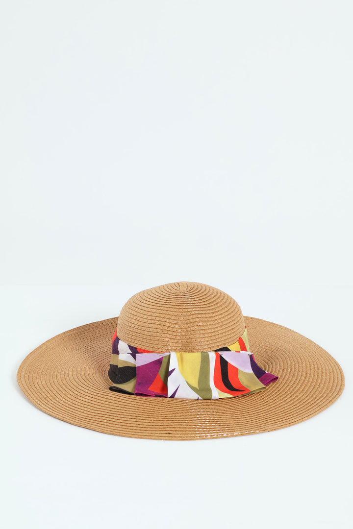 Tropical Ribbon Wide Brim Sunhat - Tan