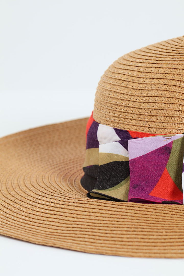 Tropical Ribbon Wide Brim Sunhat - Tan