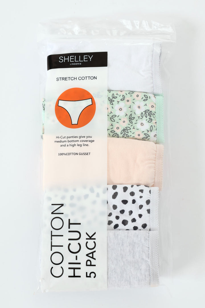 5 Pack Cotton Stretch Hi-Cut Panties - Dots/White/Floral/Pink/Grey Melange