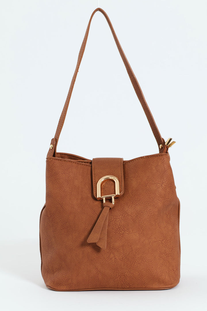 Gold Clasp Flap Shopper Bag - Tan