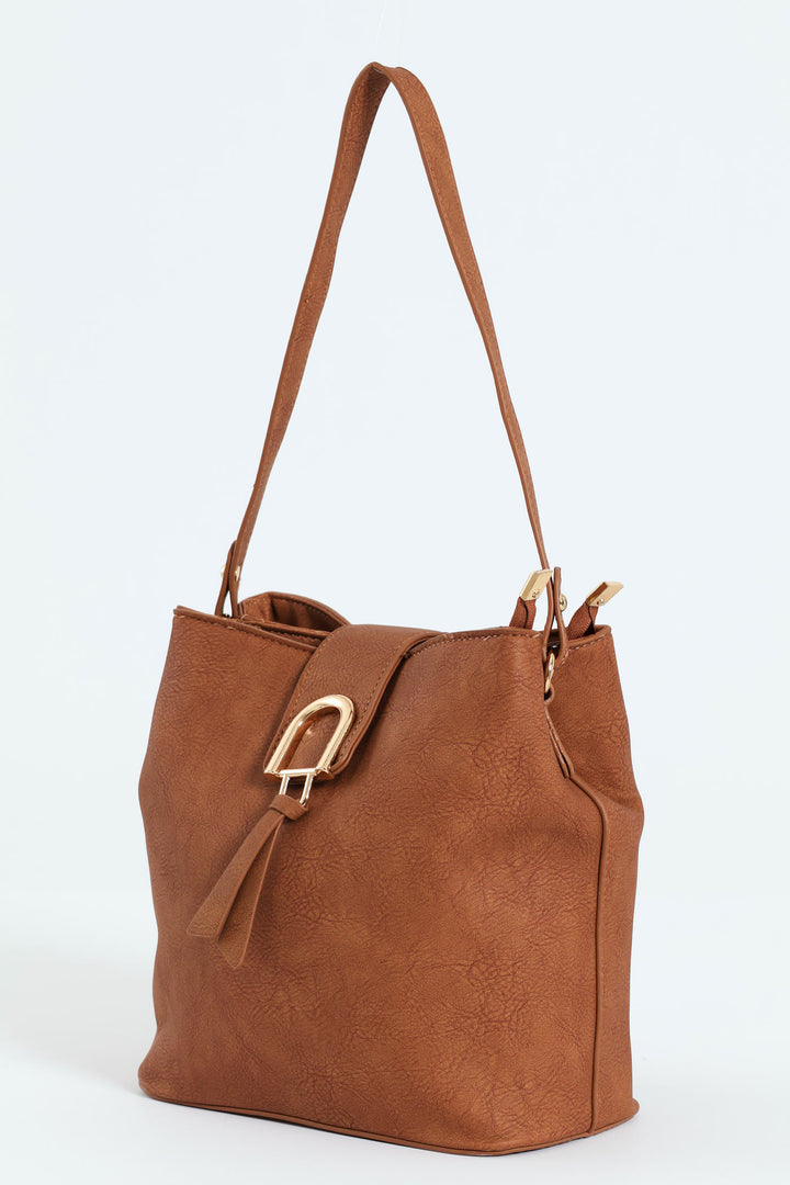 Gold Clasp Flap Shopper Bag - Tan