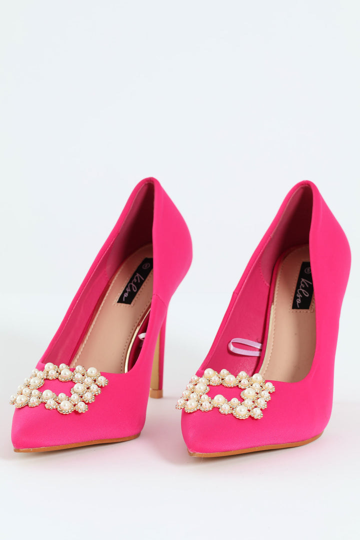 Pearl Broach Pointed Toe Heel  - Cerise