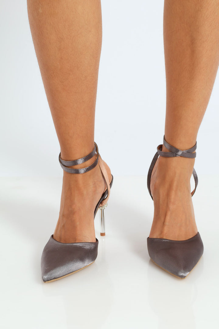 Pointed Ankle Strap Court With Detailed Heel - Pewter