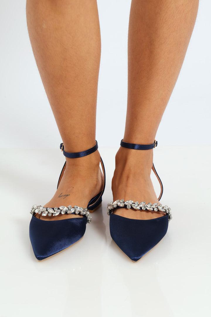 Pointy Jewel With Ankle Strap On Low Block Heel - Navy