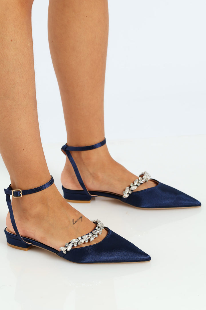 Pointy Jewel With Ankle Strap On Low Block Heel - Navy