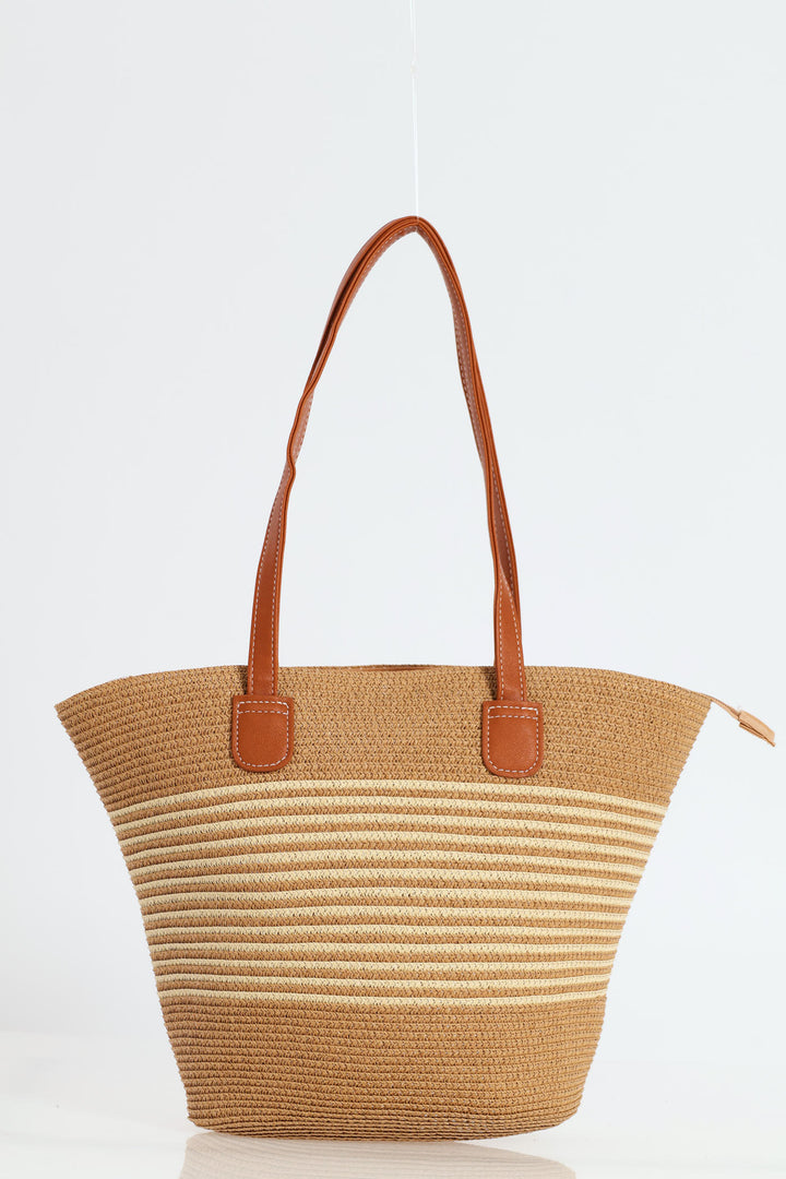 Cream Stripe Straw Bag - Tan