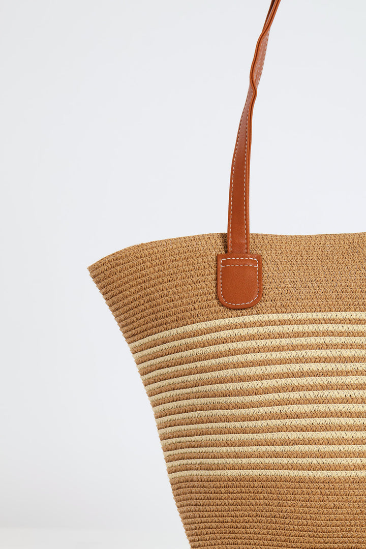 Cream Stripe Straw Bag - Tan