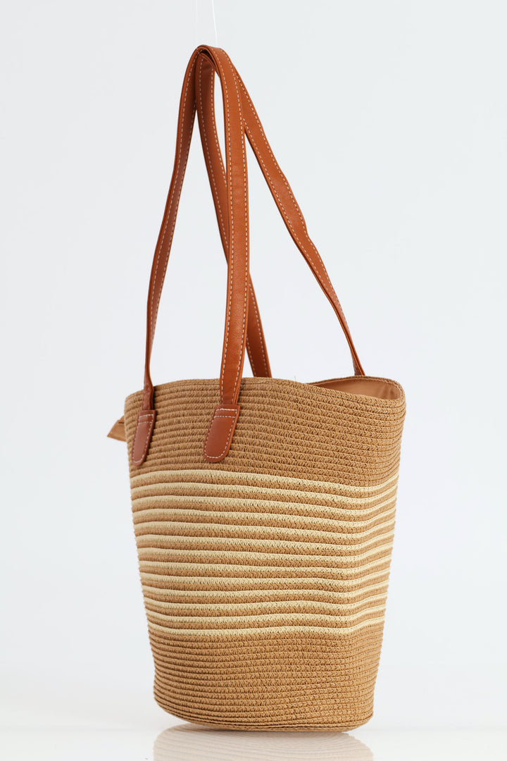 Cream Stripe Straw Bag - Tan