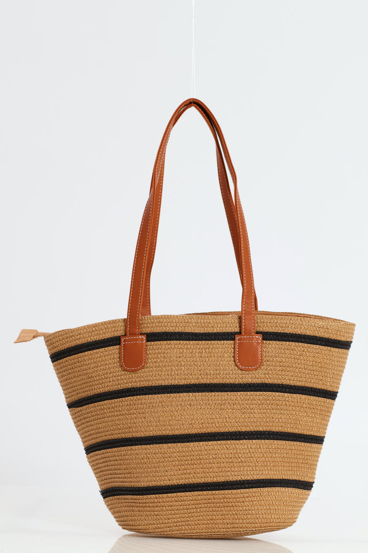 Stripe Straw Bag - Tan