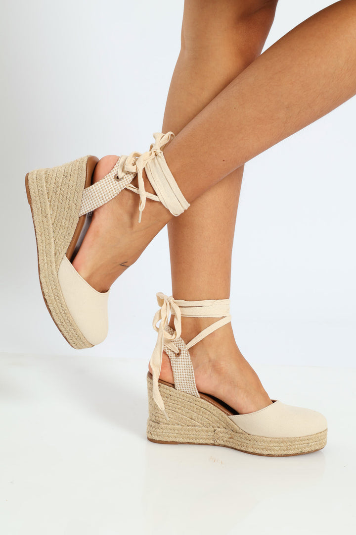 Leena Closed Toe Tying Strap Espadrille Heel - Neutral