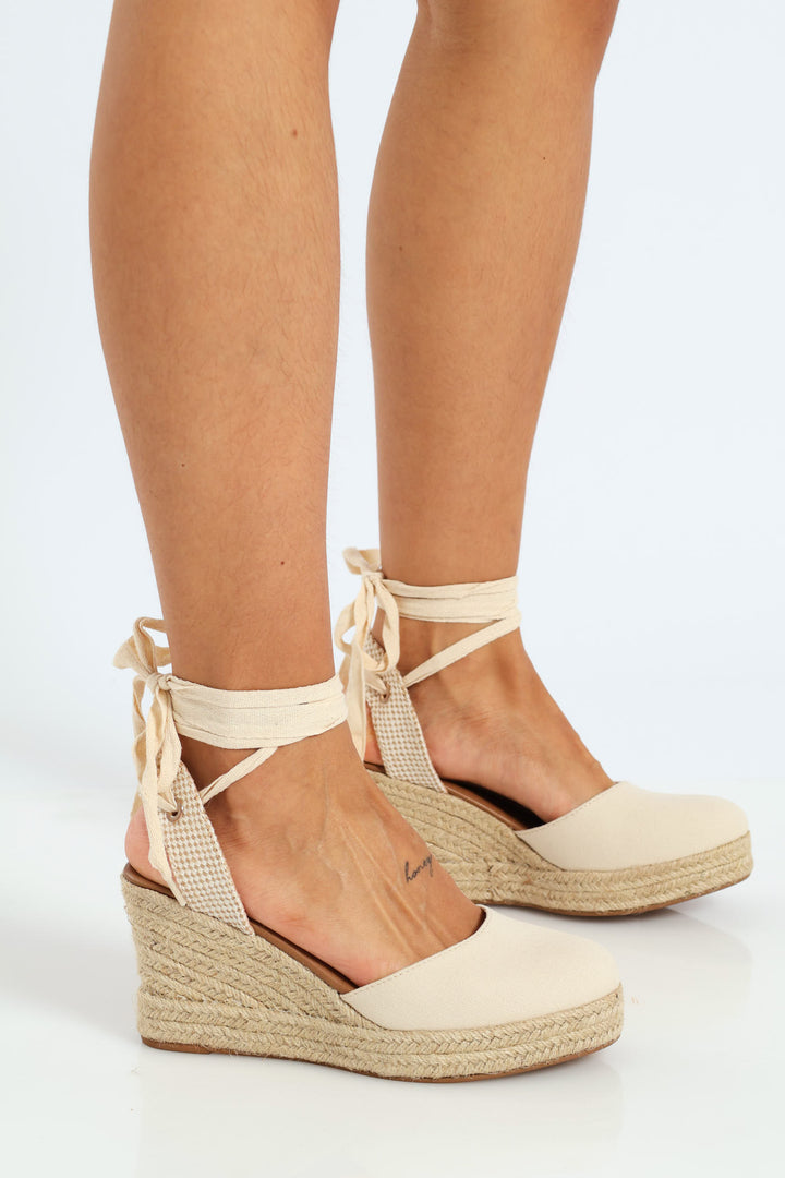 Leena Closed Toe Tying Strap Espadrille Heel - Neutral