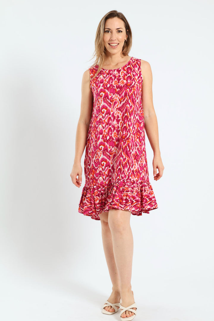 Frill Hem Hi-Lo Printed Shift Dress - Cerise