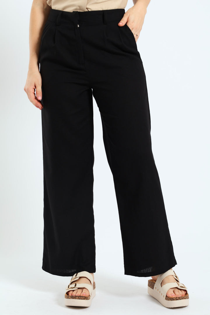 Pleated Wideleg Pants With Pockets - Black