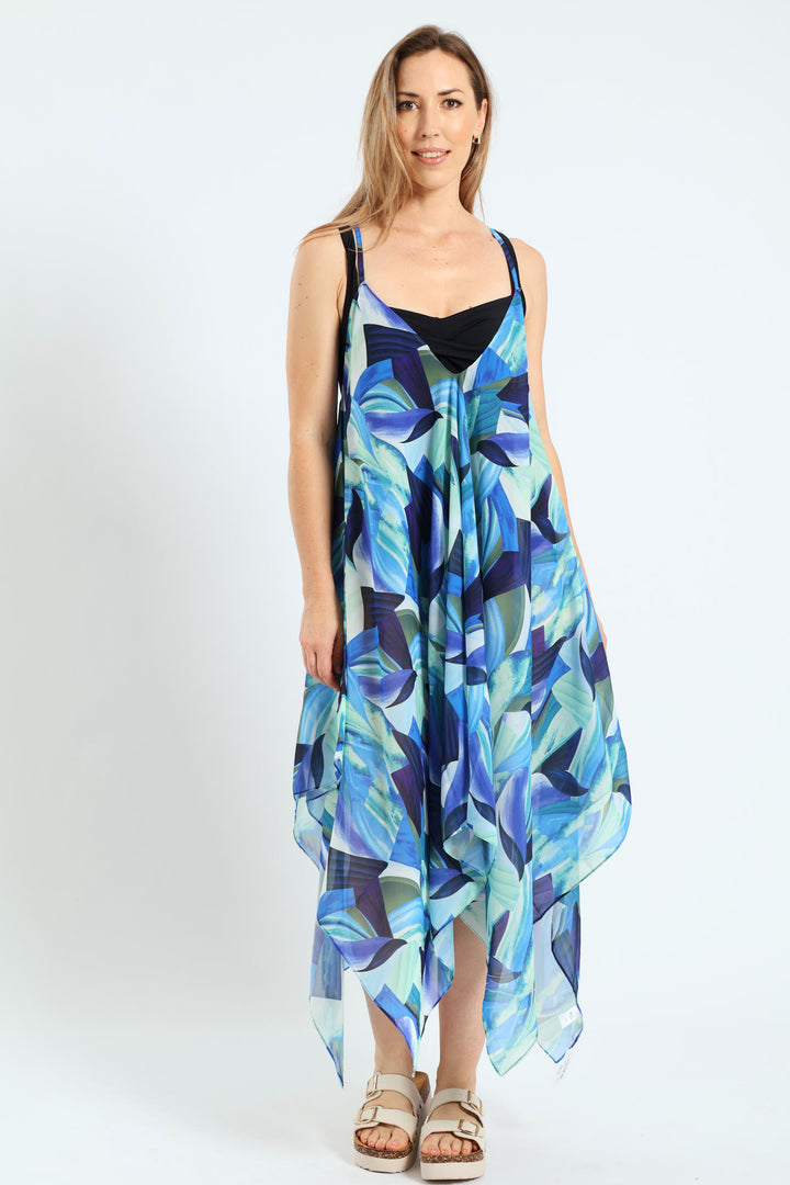 Printed Chiffon Hankerchief Cover Up Dress - Blue