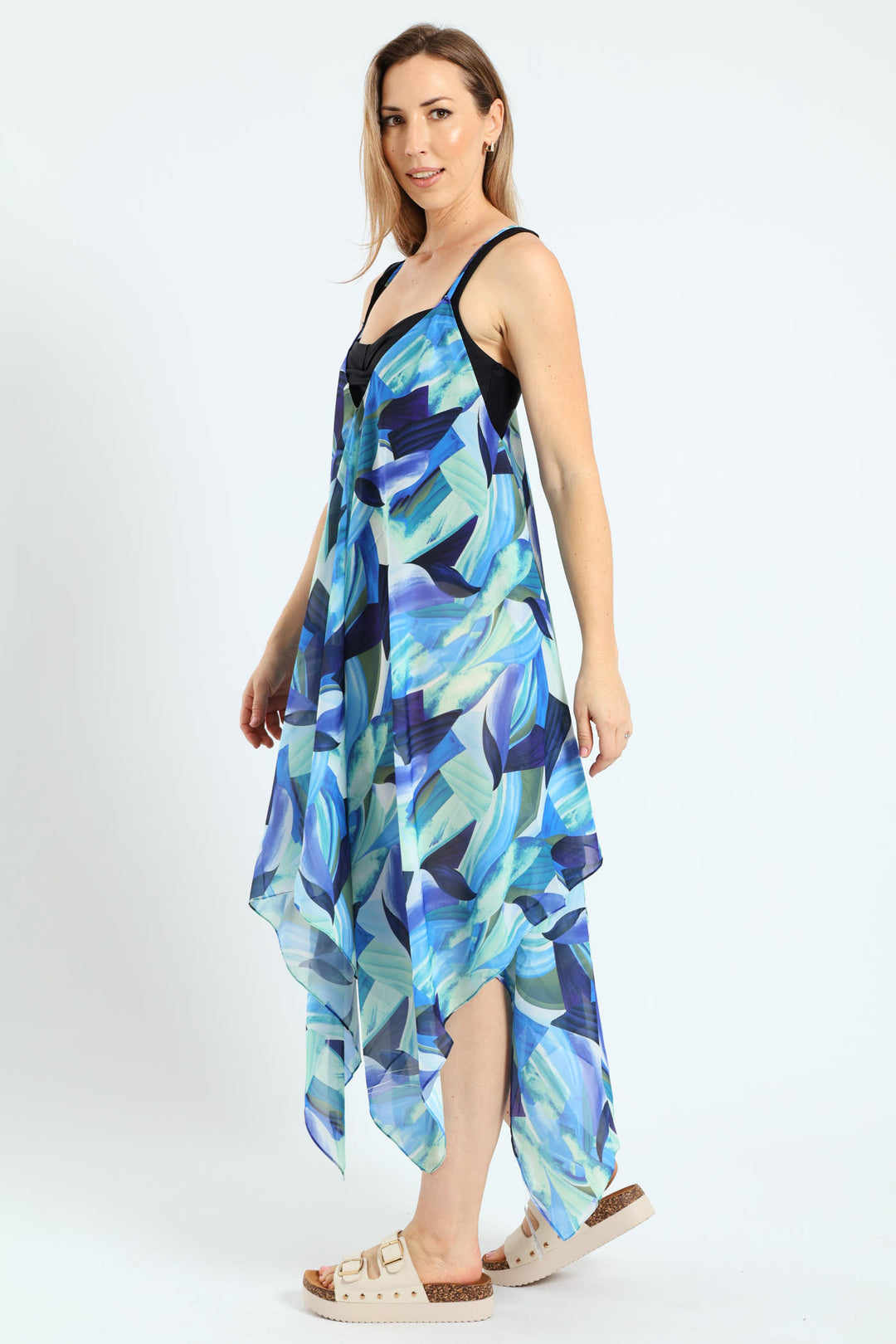 Printed Chiffon Hankerchief Cover Up Dress - Blue