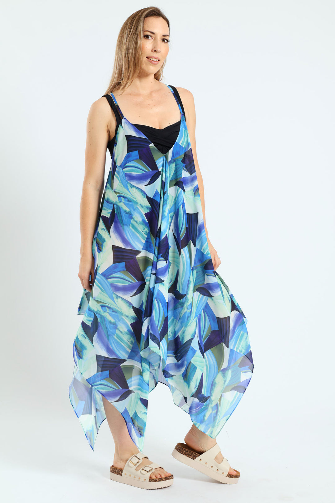 Printed Chiffon Hankerchief Cover Up Dress - Blue