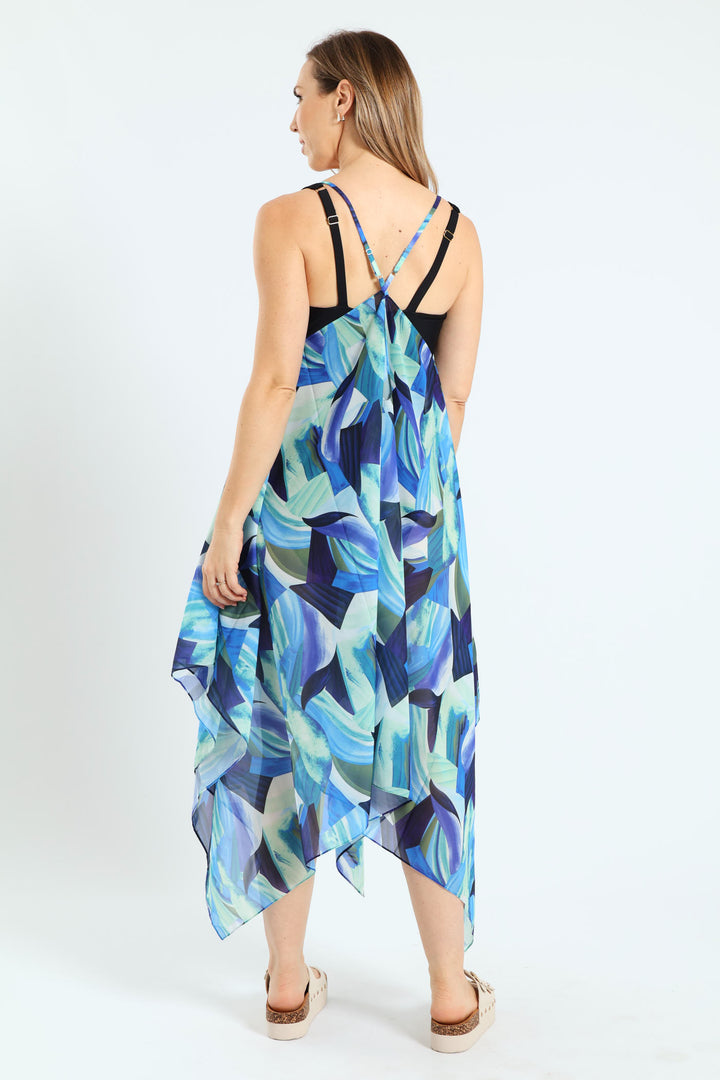 Printed Chiffon Hankerchief Cover Up Dress - Blue