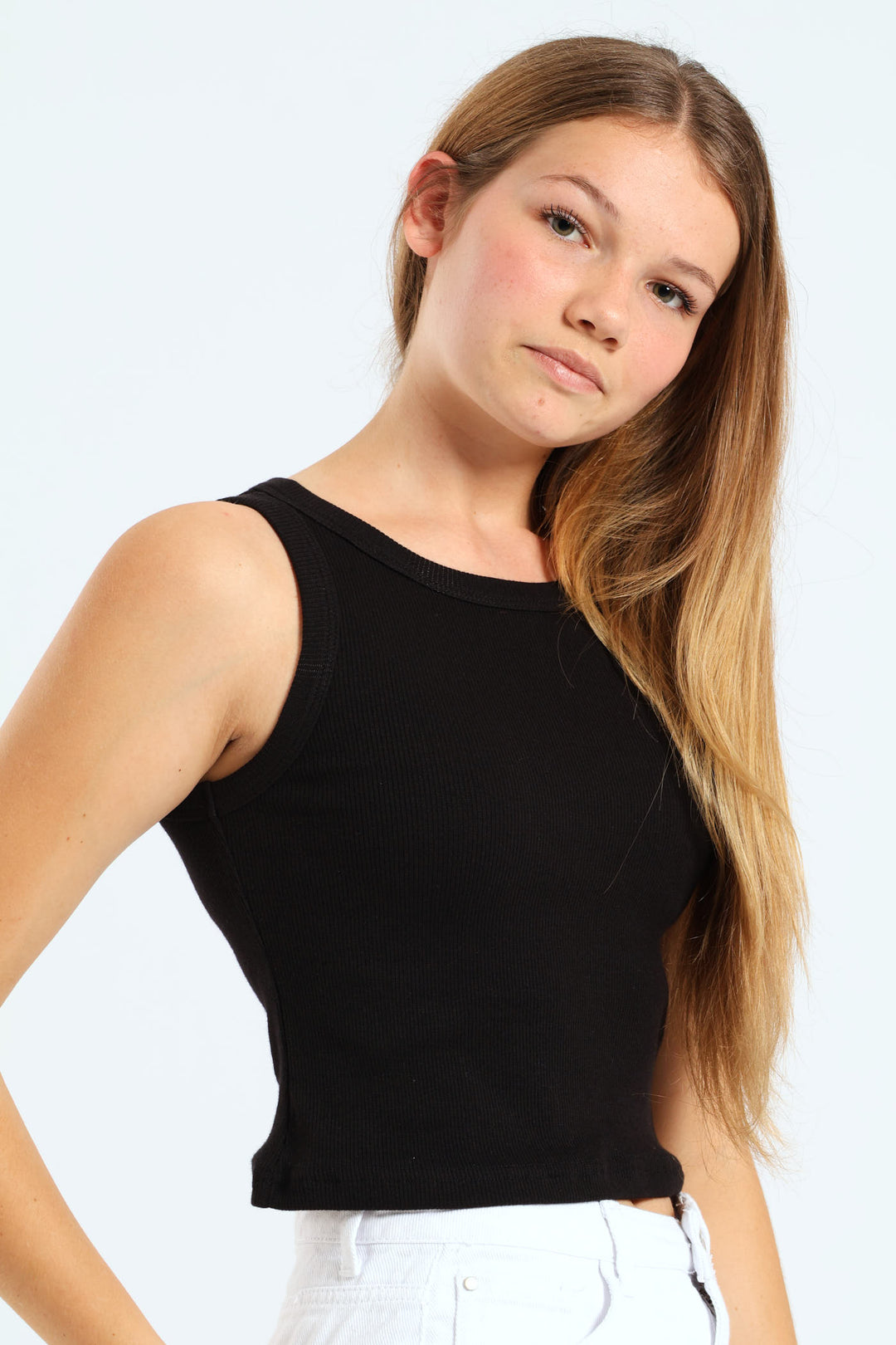 Girls Basic Rib Vest - Black