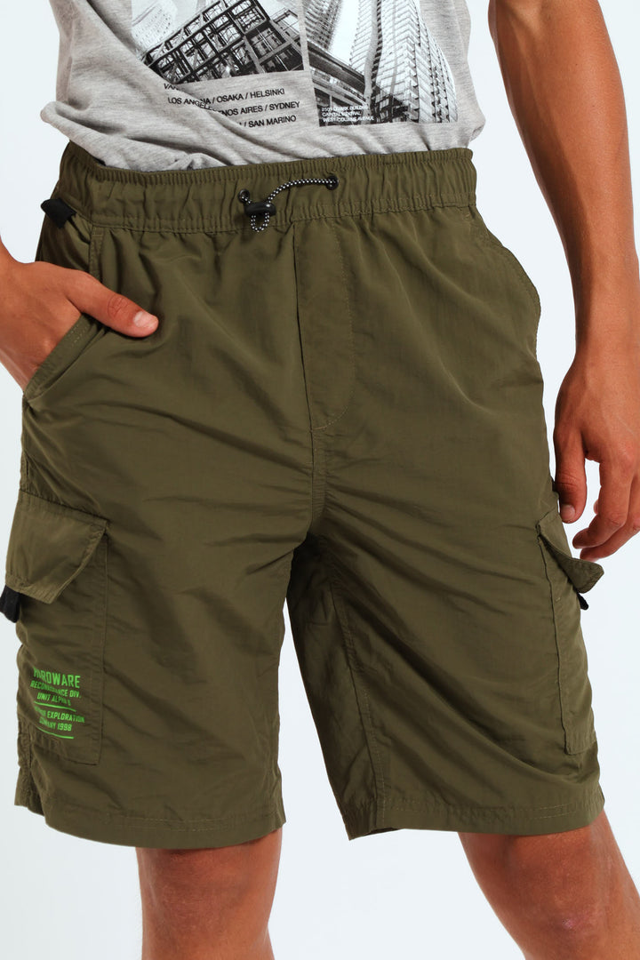 Boys Cargo Parachute Shorts - Olive