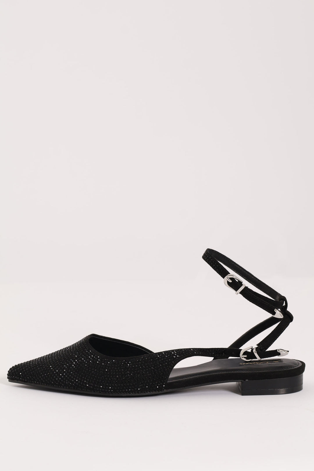 Pointy Diamante Double Strap Slingback Mule - Black