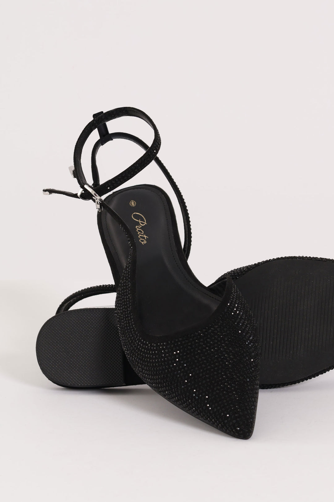 Pointy Diamante Double Strap Slingback Mule - Black