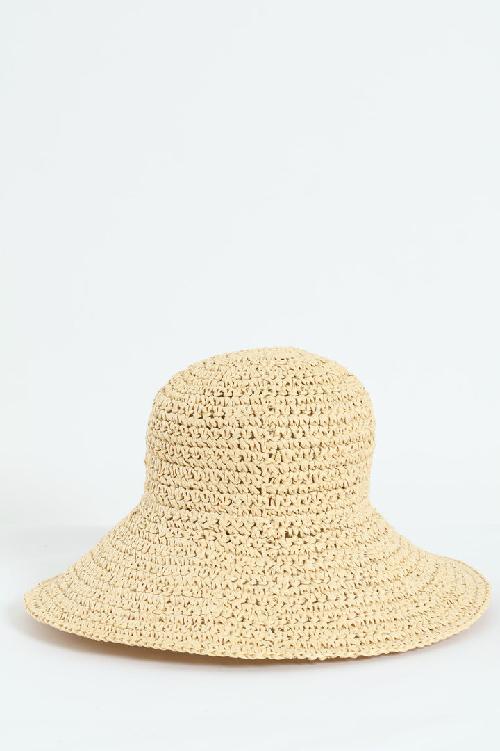 Wide Brim Crochet Hat - Beige