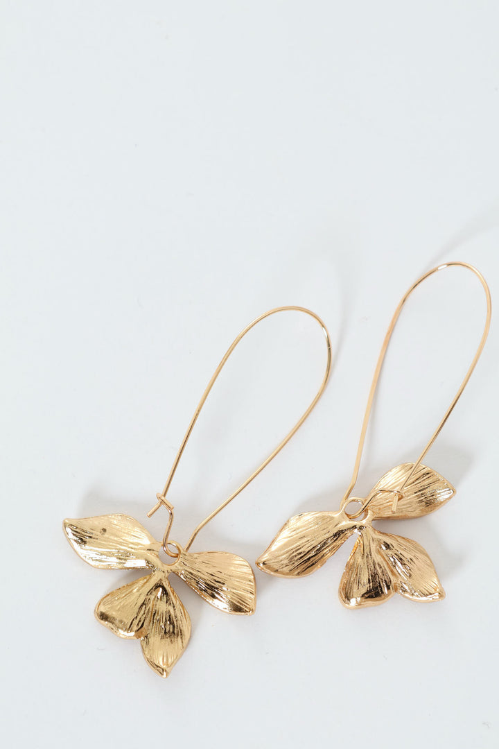 3 Petal Hanging Flower Earrings - Gold