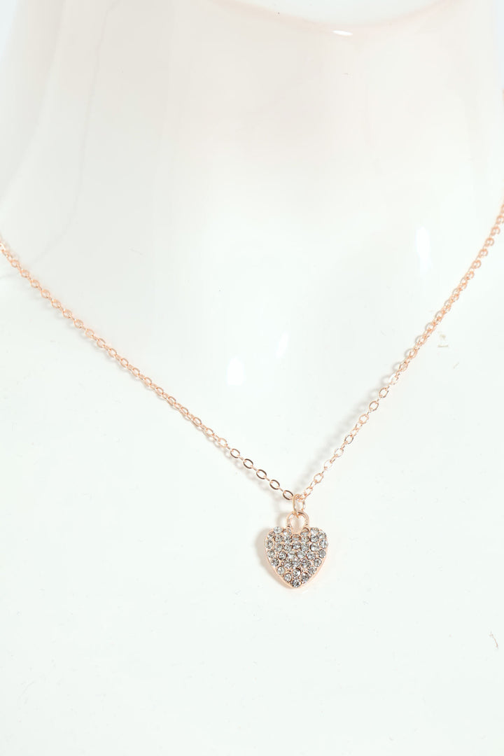 Diamante Heart Necklace & Earring Set - Rose Gold