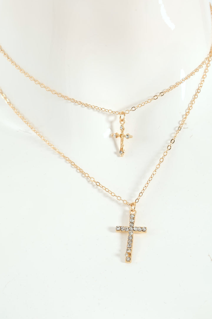 2 Layer Diamante Cross Necklace - Gold