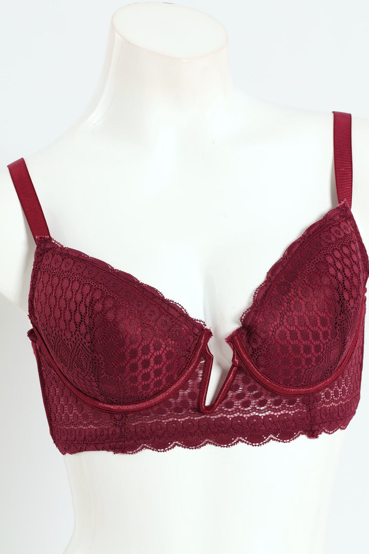 Lace Longline V Padded T-Shirt Bra - Burgundy