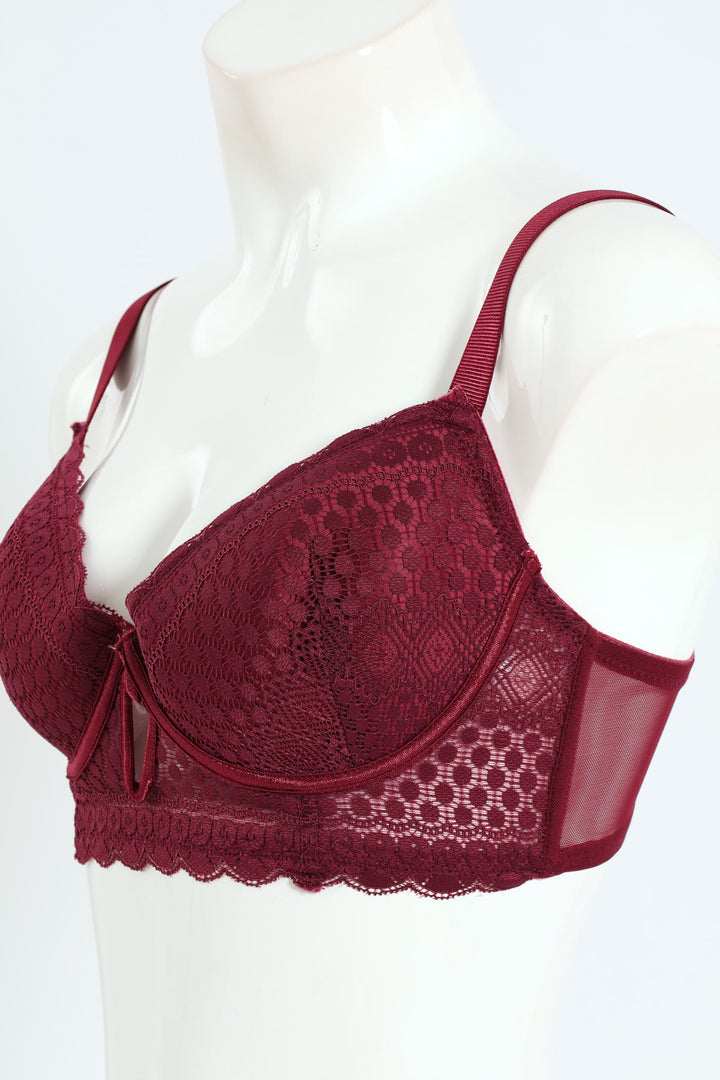 Lace Longline V Padded T-Shirt Bra - Burgundy