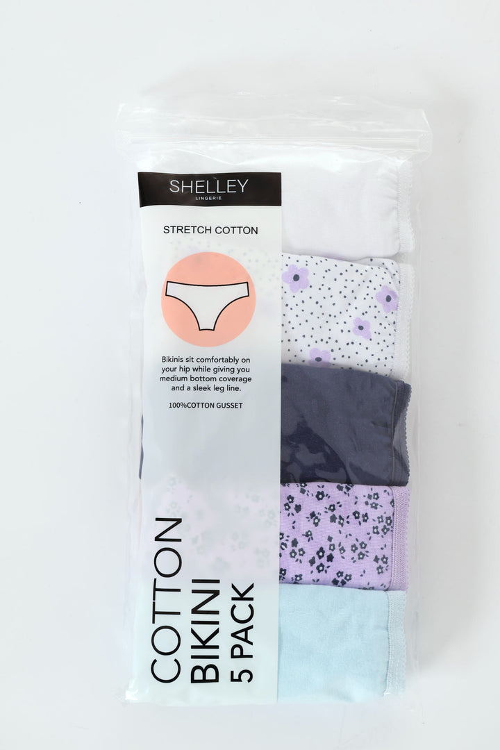 5 Pack Cotton Stretch Bikini Panties - Ditsy/Navy/Floral/Light Blue