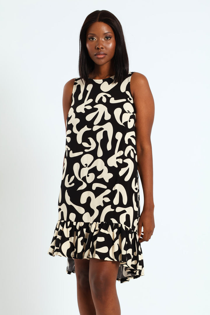 Frill Hem Hi-Lo Printed Shift Dress - Black/Cream