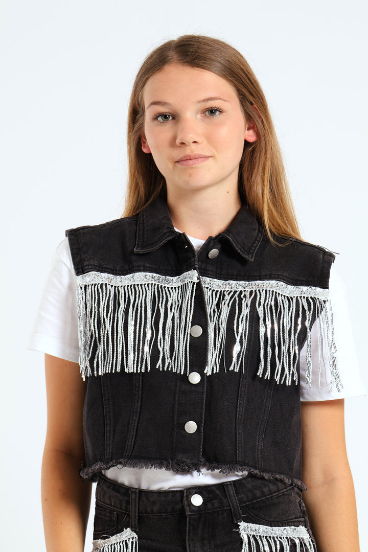 Girls Denim Sequin Fringe Jacket - Black