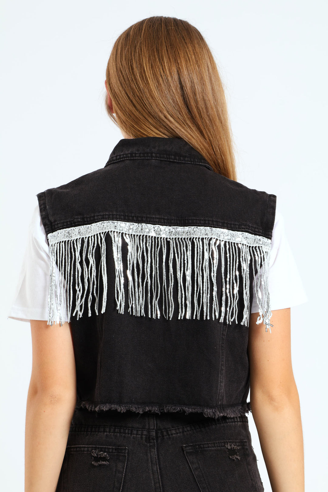 Girls Denim Sequin Fringe Jacket - Black