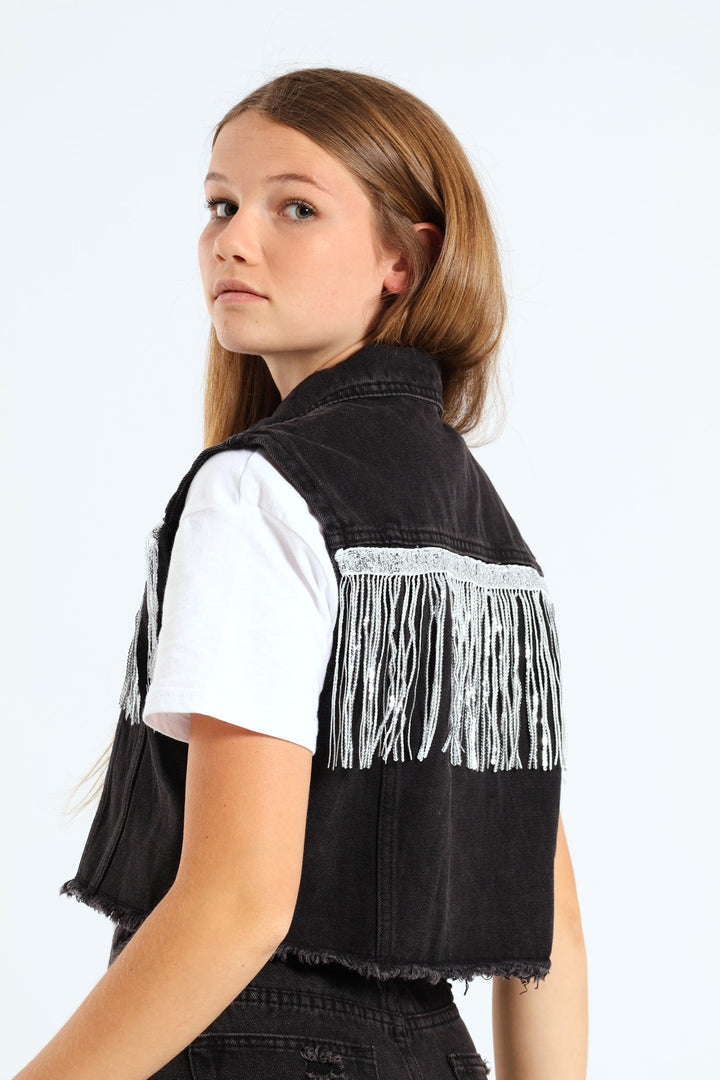 Girls Denim Sequin Fringe Jacket - Black