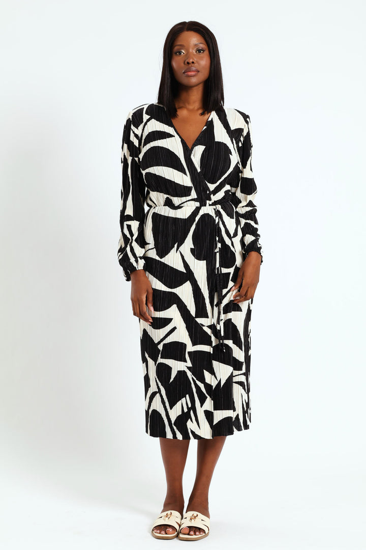 Mock Wrap Plisse Midi Dress - Black/Cream