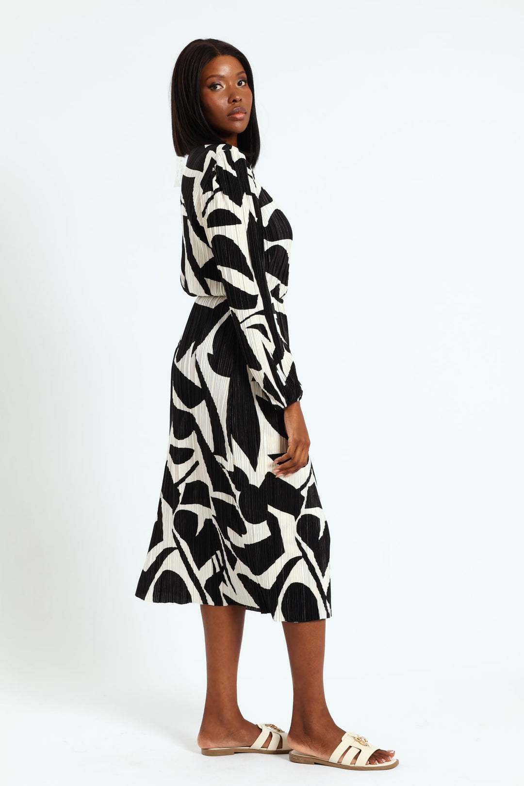 Mock Wrap Plisse Midi Dress - Black/Cream